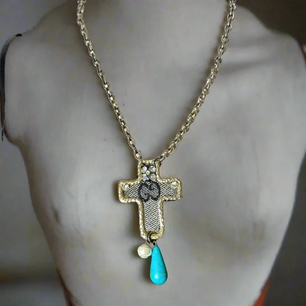 Luxury Logo Upcycled Canvas Bag Necklace with Vintage Cross Necklace W/ Pearl